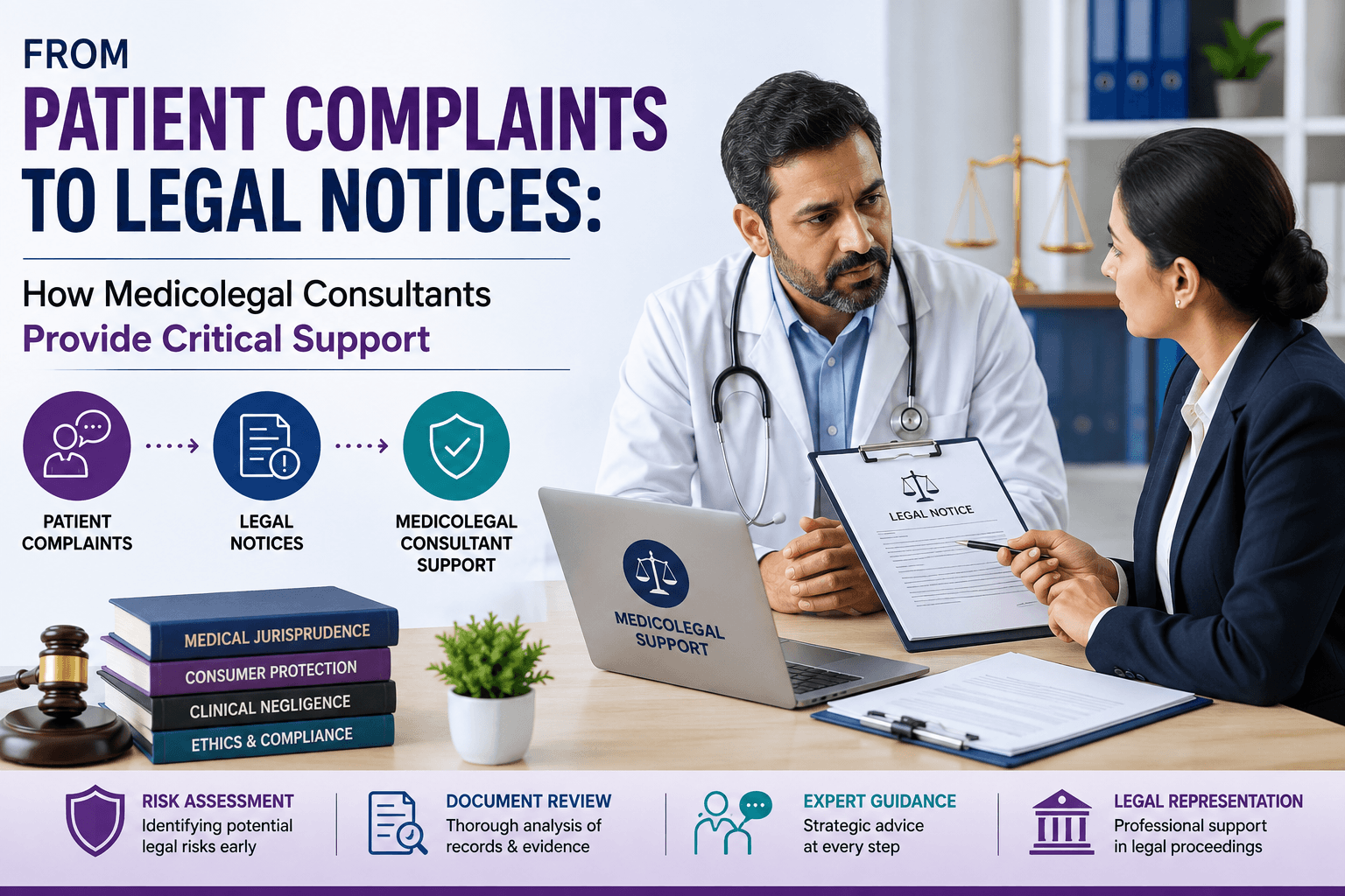 Doctor and medicolegal consultant reviewing a legal notice after a patient complaint, highlighting legal support and risk assessment.